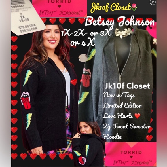 🌹NWT TORRID BETSEY JOHNSON 1X or 2X ZIP FRONT  HOODIE SWEATER JACKET - Picture 1 of 15
